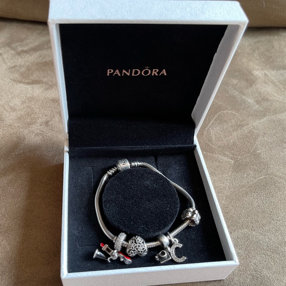 Authentic Pandora Snake Bracelet W/ 5 Pandora Charm Gem